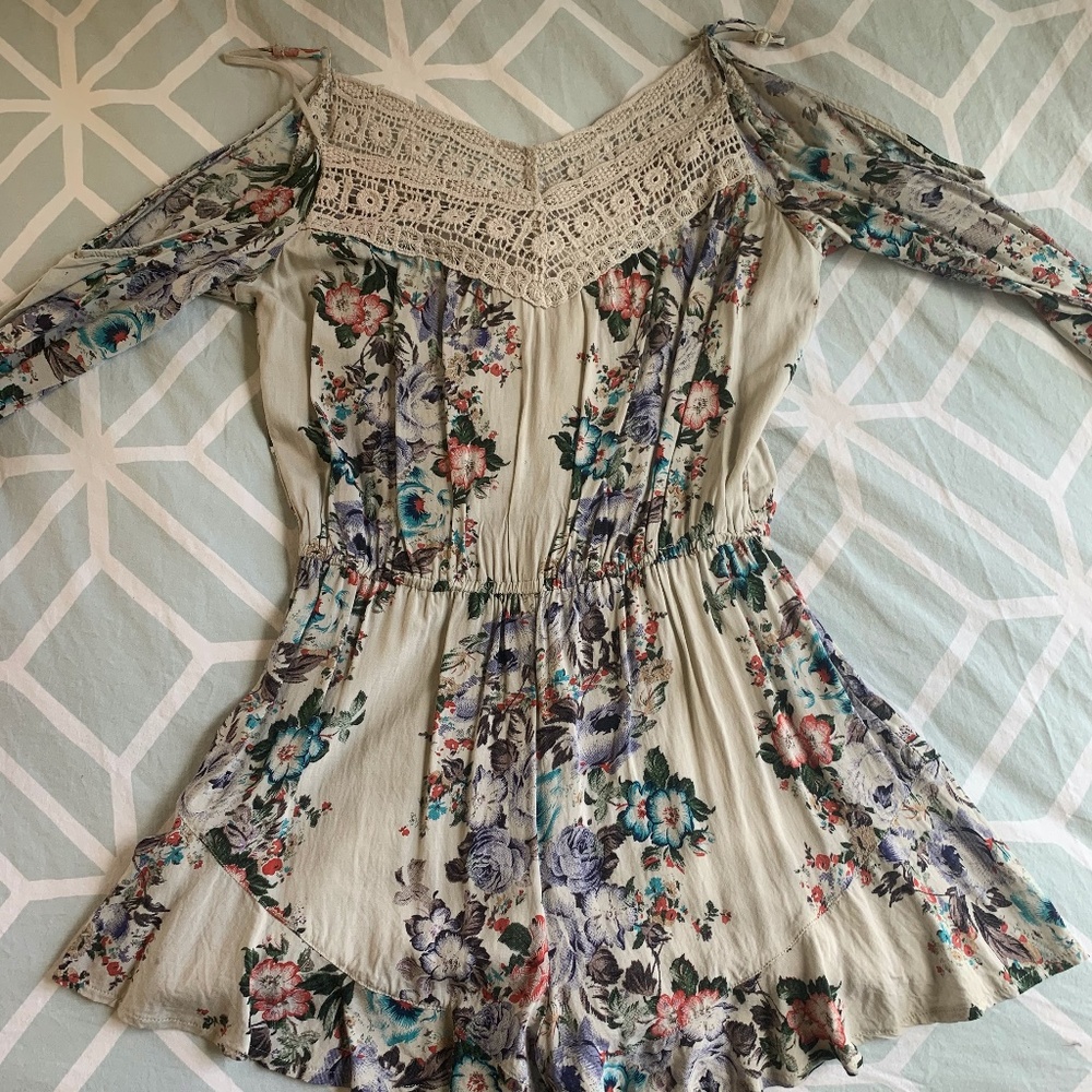 Cold Shoulder Boho Cream Floral Romper